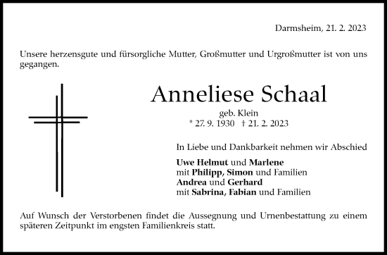 Traueranzeige von Anneliese Schaal von Kreiszeitung Böblinger Bote