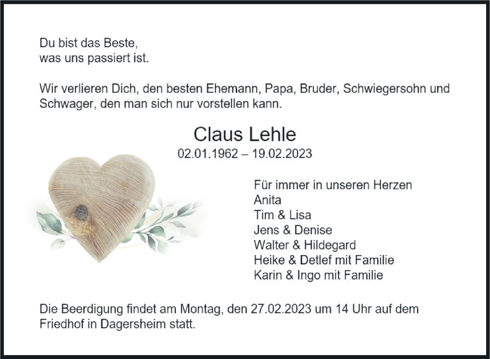  Traueranzeige für Claus Lehle vom 24.02.2023 aus Kreiszeitung Böblinger Bote