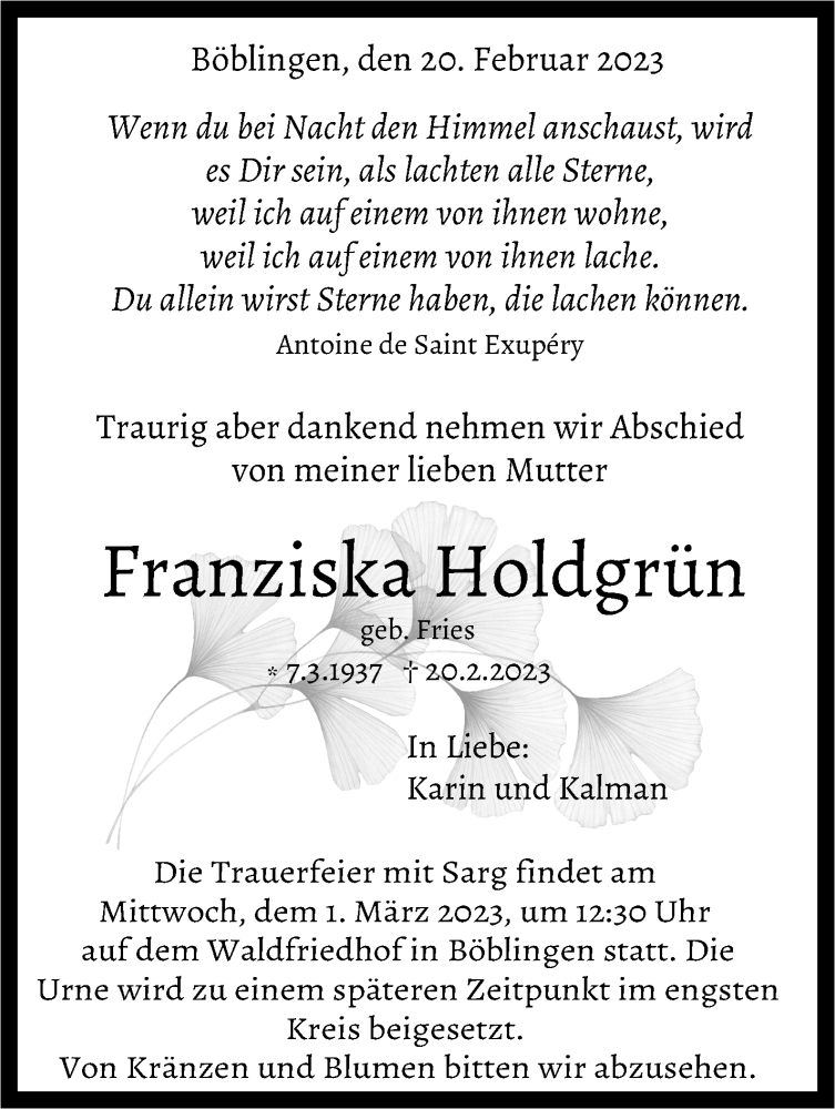  Traueranzeige für Franziska Holdgrün vom 25.02.2023 aus Kreiszeitung Böblinger Bote