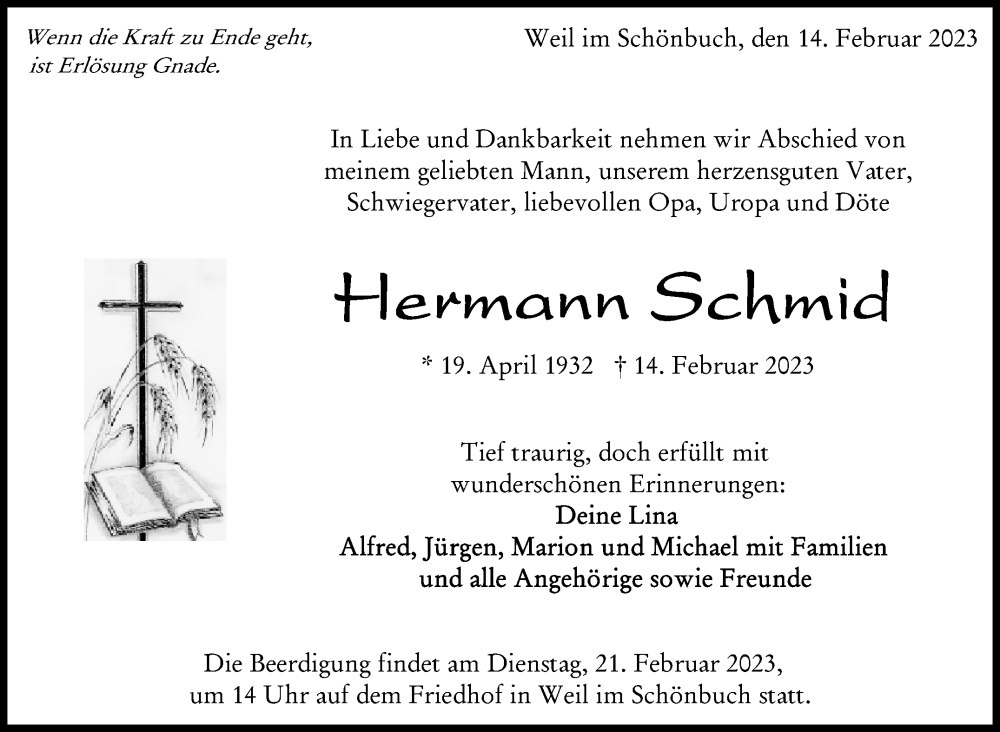  Traueranzeige für Hermann Schmid vom 17.02.2023 aus Kreiszeitung Böblinger Bote