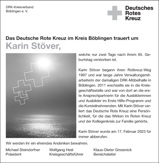 Traueranzeige von Karin Stöver von Kreiszeitung Böblinger Bote