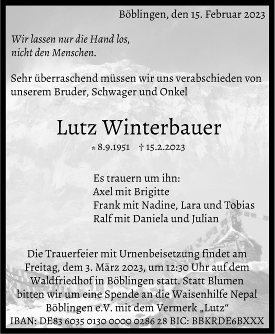 Traueranzeige von Lutz Winterbauer von Kreiszeitung Böblinger Bote