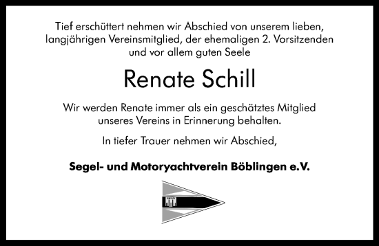 Traueranzeige von Renate Schill von Kreiszeitung Böblinger Bote