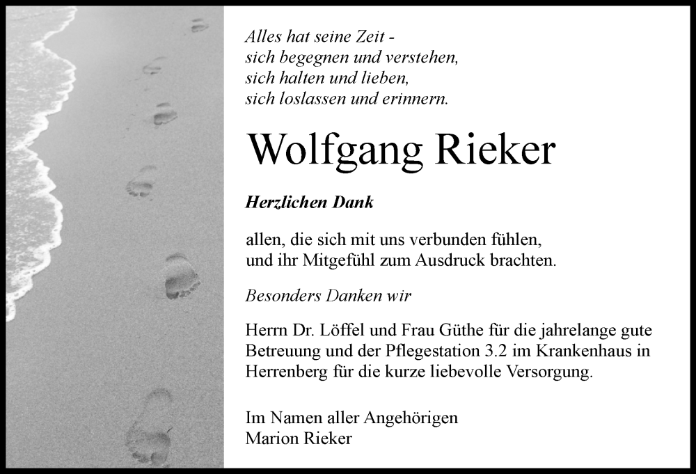  Traueranzeige für Wolfgang Rieker vom 03.02.2023 aus Kreiszeitung Böblinger Bote