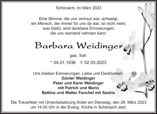 Traueranzeige von Barbara Weidinger von Kreiszeitung Böblinger Bote