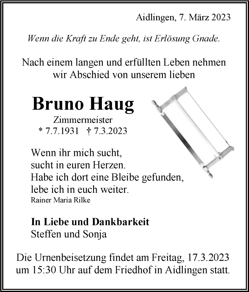  Traueranzeige für Bruno Haug vom 14.03.2023 aus Kreiszeitung Böblinger Bote