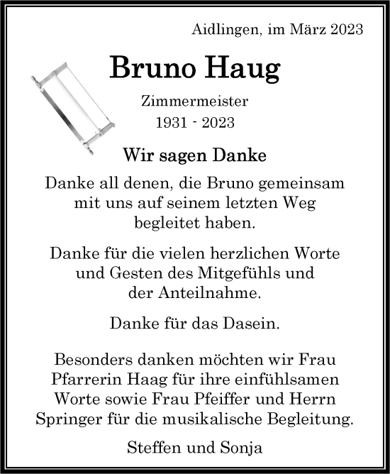 Traueranzeige von Bruno Haug von Kreiszeitung Böblinger Bote