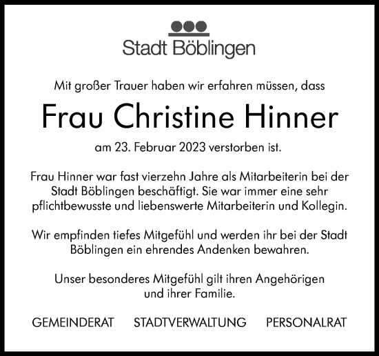 Traueranzeige von Christine Hinner von Kreiszeitung Böblinger Bote