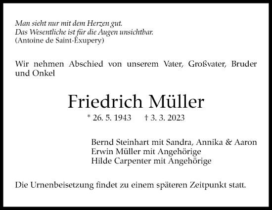 Traueranzeige von Friedrich Müller von Kreiszeitung Böblinger Bote
