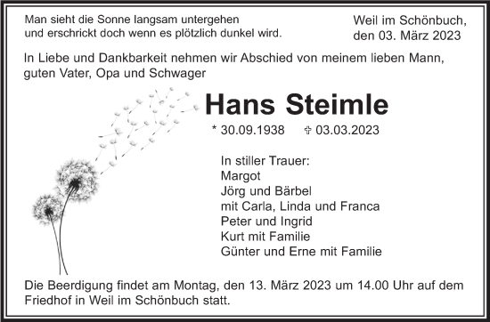 Traueranzeige von Hans Steimle von Kreiszeitung Böblinger Bote