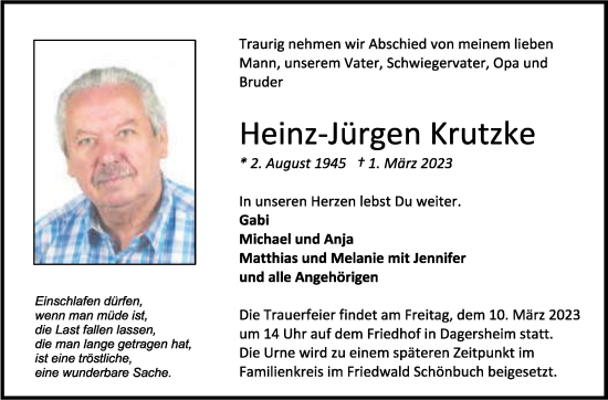 Traueranzeige von Heinz-Jürgen Krutzke von Kreiszeitung Böblinger Bote