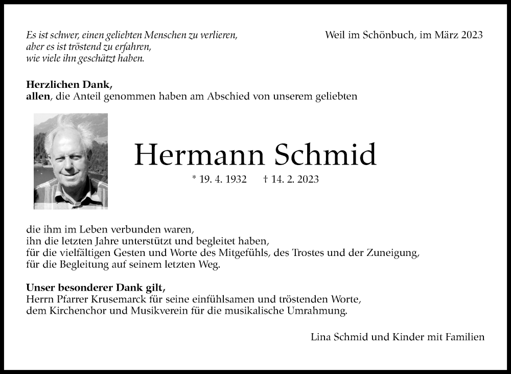  Traueranzeige für Hermann Schmid vom 23.03.2023 aus Kreiszeitung Böblinger Bote
