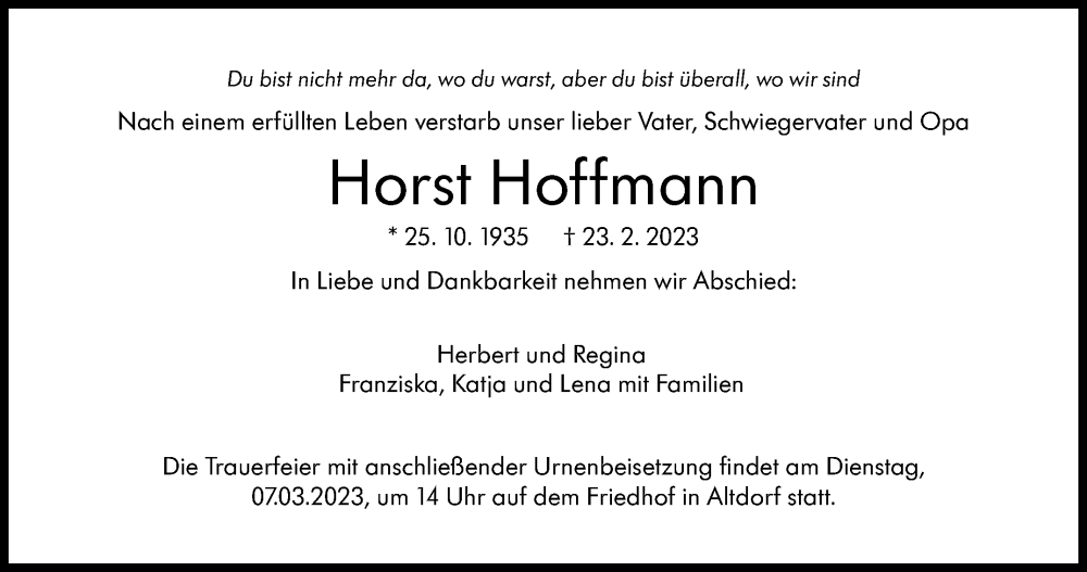  Traueranzeige für Horst Hoffmann vom 04.03.2023 aus Kreiszeitung Böblinger Bote