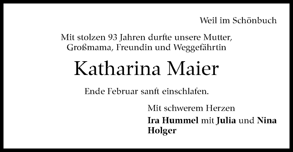  Traueranzeige für Katharina Maier vom 21.03.2023 aus Kreiszeitung Böblinger Bote
