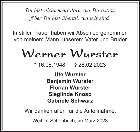 Traueranzeige von Werner Wurster von Kreiszeitung Böblinger Bote