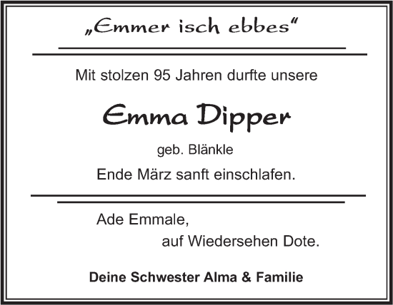 Traueranzeige von Emma Dipper von Kreiszeitung Böblinger Bote