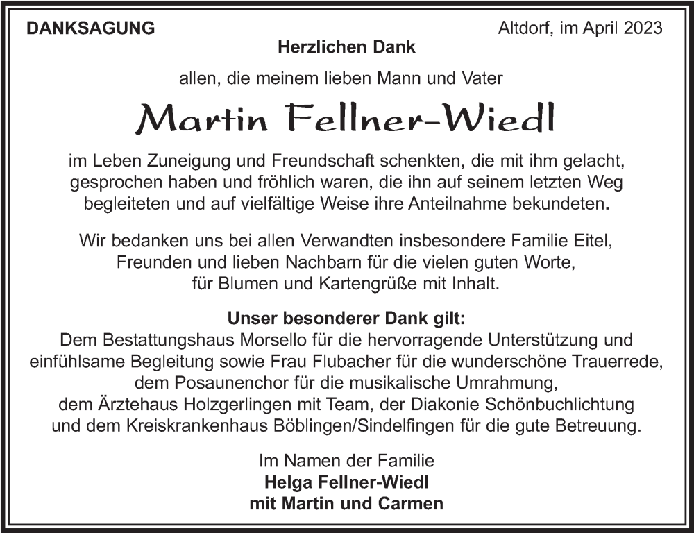  Traueranzeige für Martin Fellner-Wiedl vom 21.04.2023 aus Kreiszeitung Böblinger Bote