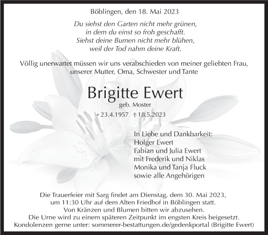 Traueranzeige von Brigitte Ewert von Kreiszeitung Böblinger Bote