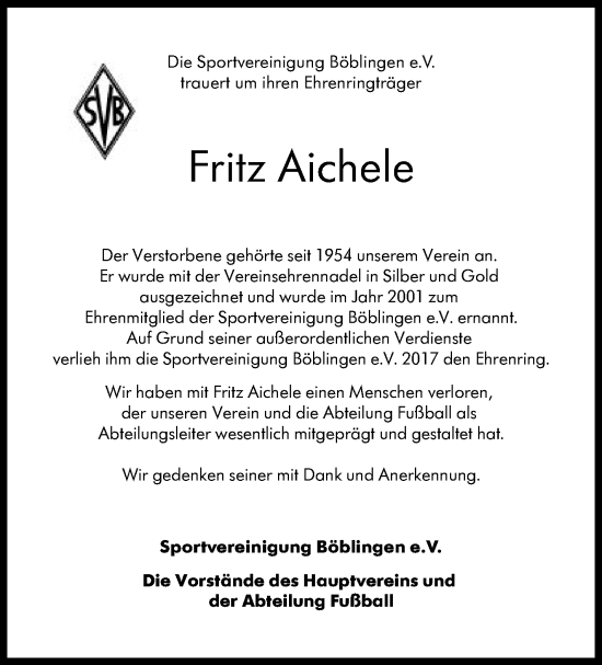 Traueranzeige von Fritz Aichele von Kreiszeitung Böblinger Bote