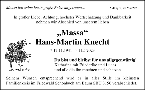 Traueranzeige von Hans-Martin Knecht von Kreiszeitung Böblinger Bote
