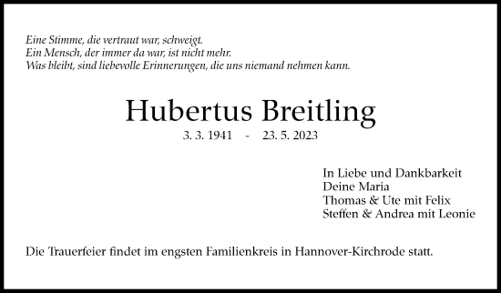 Traueranzeige von Hubertus Breitling von Kreiszeitung Böblinger Bote