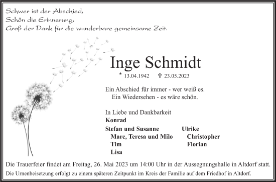 Traueranzeige von Inge Schmidt von Kreiszeitung Böblinger Bote