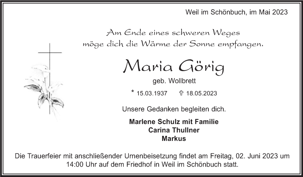  Traueranzeige für Maria Görig vom 25.05.2023 aus Kreiszeitung Böblinger Bote