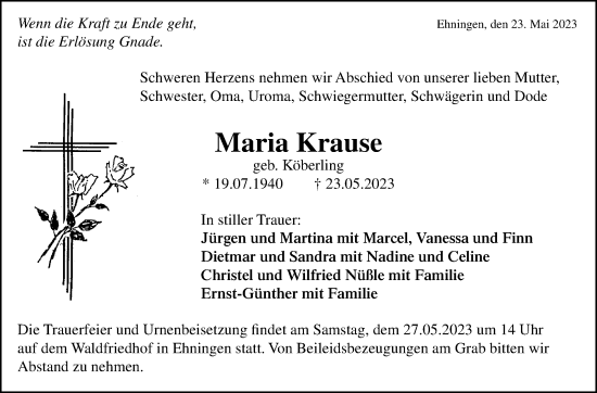 Traueranzeige von Maria Krause von Kreiszeitung Böblinger Bote