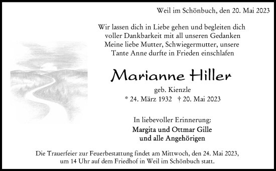 Traueranzeige von Marianne Hiller von Kreiszeitung Böblinger Bote