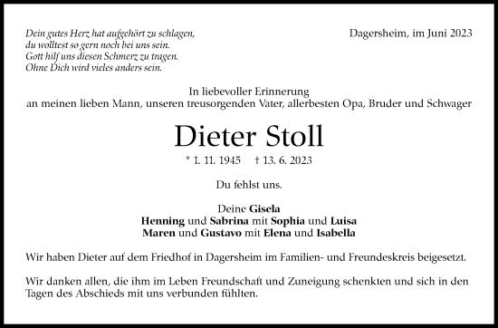 Traueranzeige von Dieter Stoll von Kreiszeitung Böblinger Bote