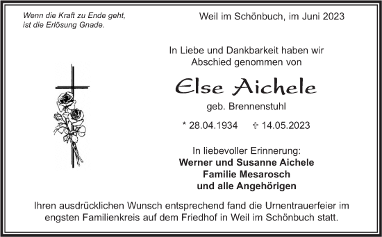 Traueranzeige von Else Aichele von Kreiszeitung Böblinger Bote