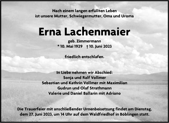 Traueranzeige von Erna Lachenmaier von Kreiszeitung Böblinger Bote