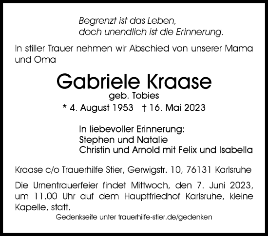 Traueranzeige von Gabriele Kraase von Kreiszeitung Böblinger Bote
