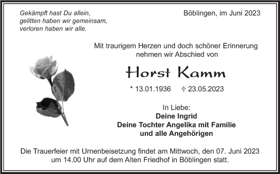 Traueranzeige von Horst Kamm von Kreiszeitung Böblinger Bote