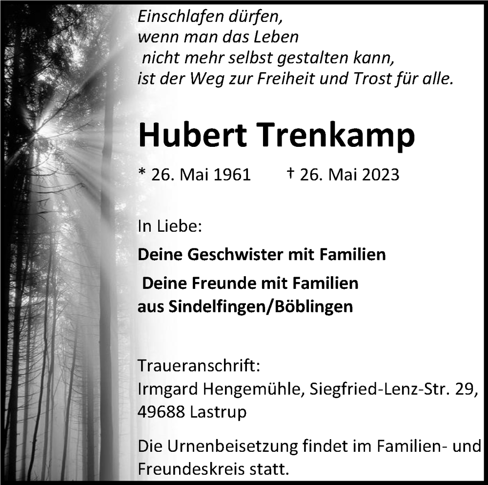  Traueranzeige für Hubert Trenkamp vom 10.06.2023 aus Kreiszeitung Böblinger Bote