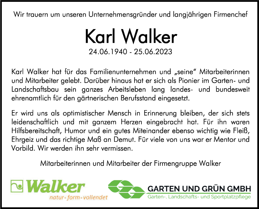  Traueranzeige für Karl Walker vom 29.06.2023 aus Kreiszeitung Böblinger Bote