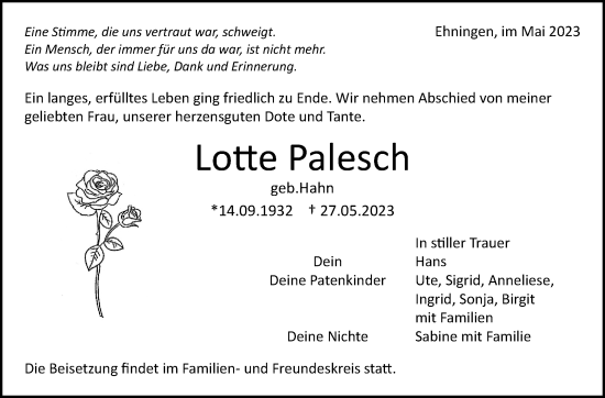 Traueranzeige von Lotte Palesch von Kreiszeitung Böblinger Bote