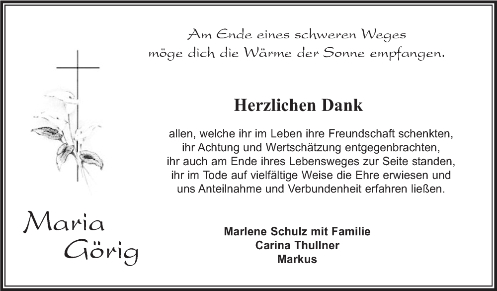  Traueranzeige für Maria Görig vom 15.06.2023 aus Kreiszeitung Böblinger Bote