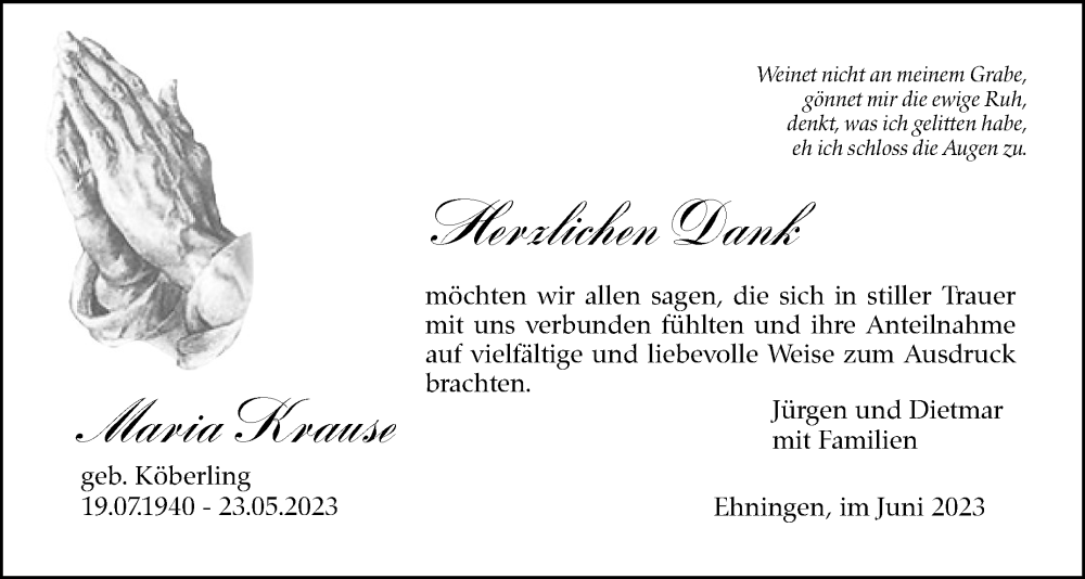  Traueranzeige für Maria Krause vom 15.06.2023 aus Kreiszeitung Böblinger Bote