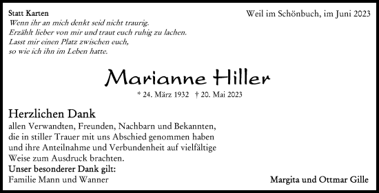 Traueranzeige von Marianne Hiller von Kreiszeitung Böblinger Bote