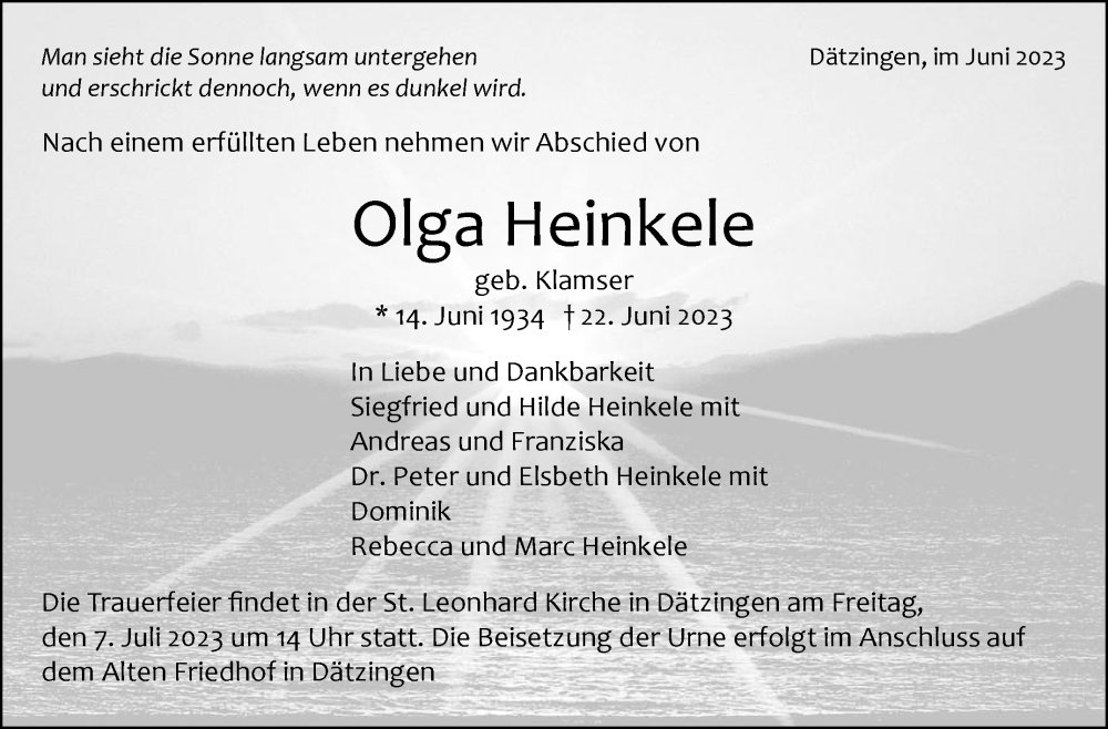 Traueranzeige für Olga Heinkele vom 28.06.2023 aus Kreiszeitung Böblinger Bote