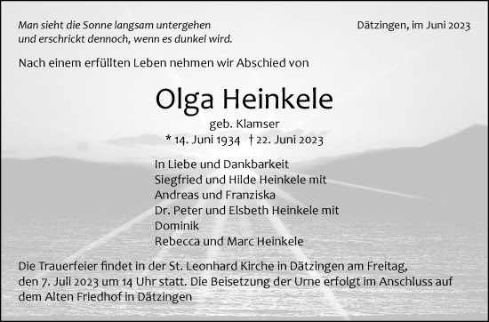 Traueranzeige von Olga Heinkele von Kreiszeitung Böblinger Bote