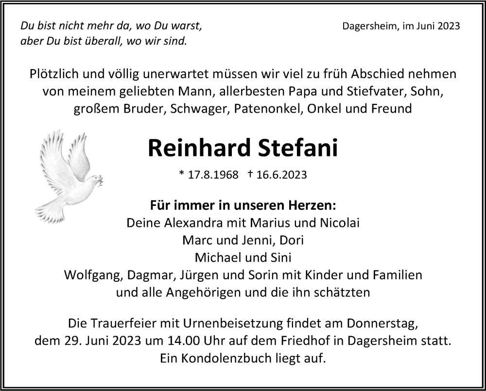  Traueranzeige für Reinhard Stefani vom 24.06.2023 aus Kreiszeitung Böblinger Bote