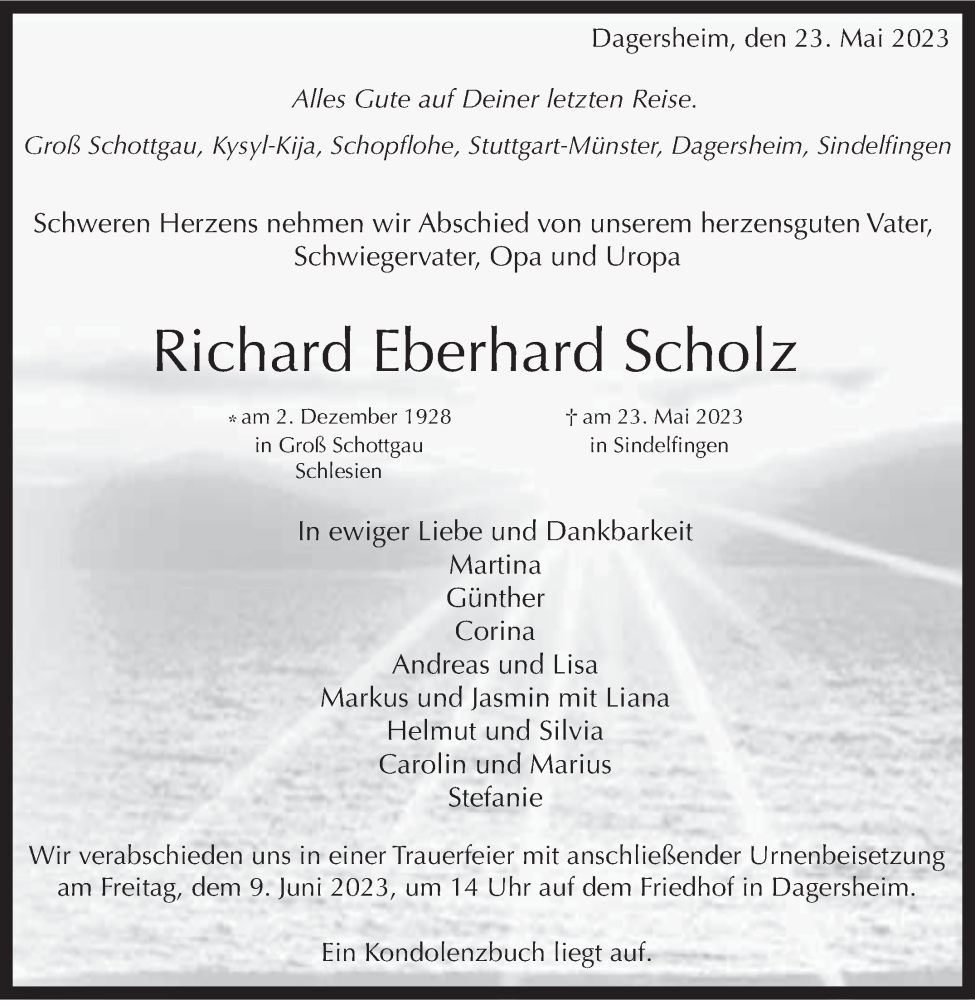  Traueranzeige für Richard Eberhard Scholz vom 05.06.2023 aus Kreiszeitung Böblinger Bote