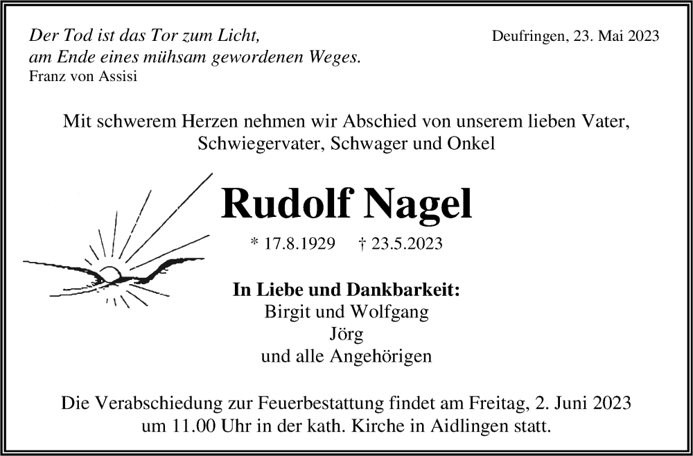  Traueranzeige für Rudolf Nagel vom 31.05.2023 aus Kreiszeitung Böblinger Bote