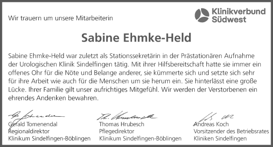 Traueranzeige von Sabine Ehmke-Held von Kreiszeitung Böblinger Bote