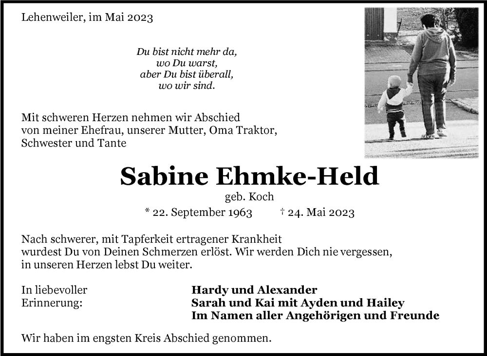  Traueranzeige für Sabine Ehmke-Held vom 03.06.2023 aus Kreiszeitung Böblinger Bote
