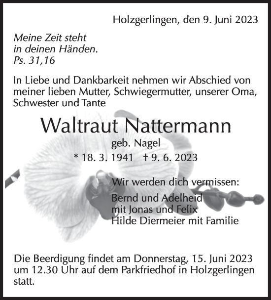 Traueranzeige von Waltraut Nattermann von Kreiszeitung Böblinger Bote