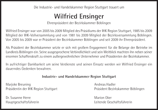 Traueranzeige von Wilfried Ensinger von Kreiszeitung Böblinger Bote