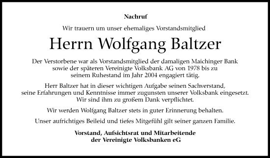 Traueranzeige von Wolfgang Baltzer von Kreiszeitung Böblinger Bote